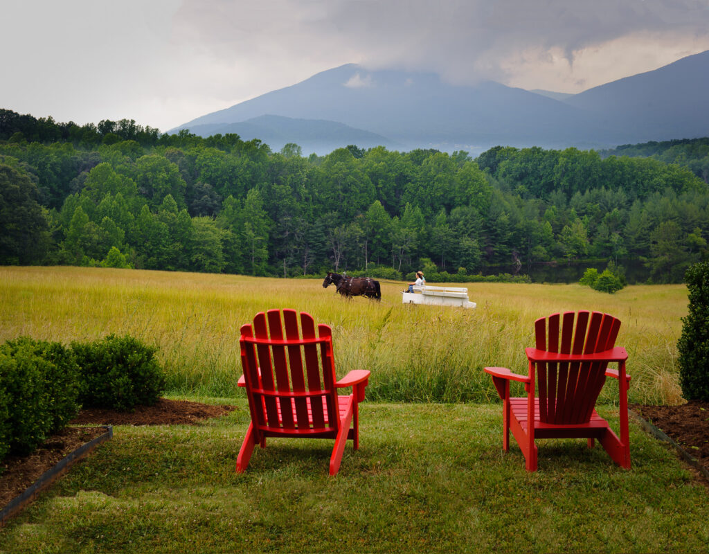 Two red chairs in the foreground overlooking Claytor Nature Center